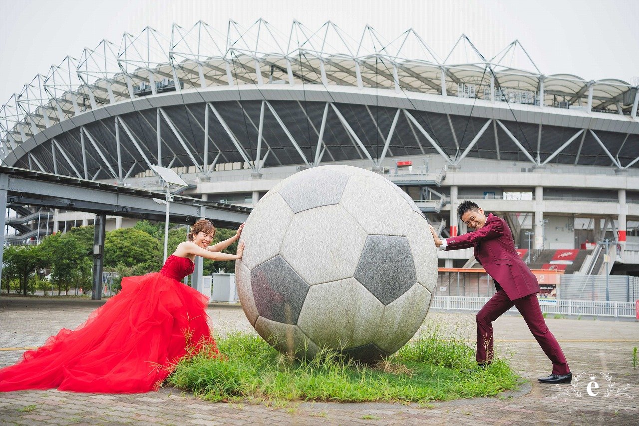 カシマスタジアム　前撮り　フォトウェディング　洋装　サッカー　ファン　鹿島　水戸　エクラ